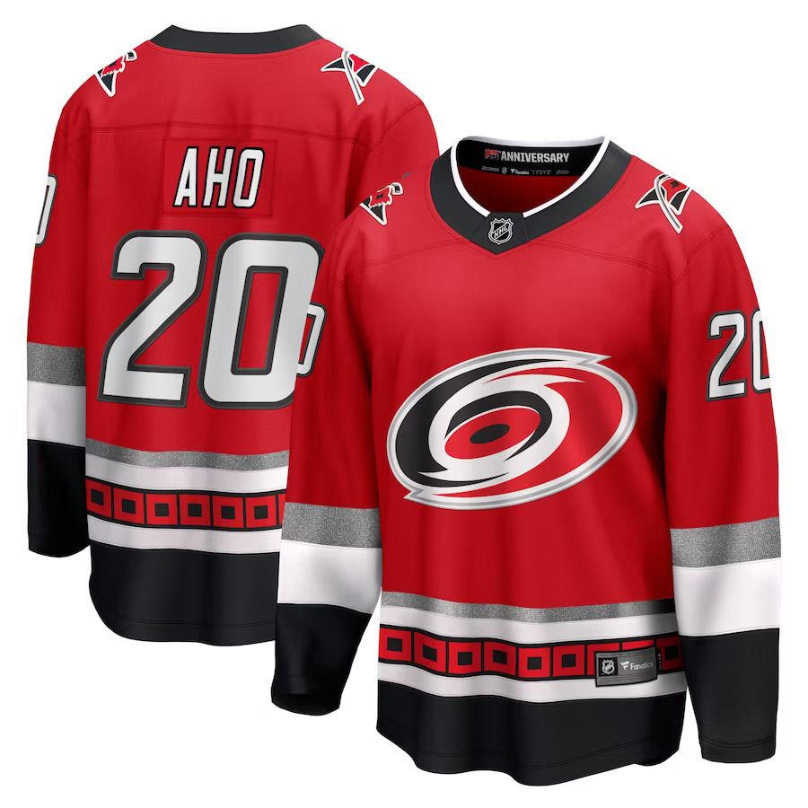 Men Carolina Hurricanes 20 Sebastian Aho Fanatics Branded Red 25th Anniversary Premier Breakaway Player NHL Jersey